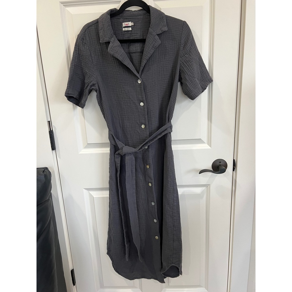 Faherty Nolita Dream Organic Cotton Gauze Shirtdress Grey Short Sleeve Midi Sz S
